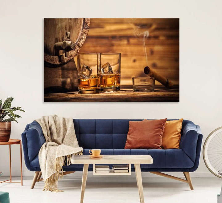 The Rustic Whiskey and Barrel Canvas Print is displayed in the kitchen.