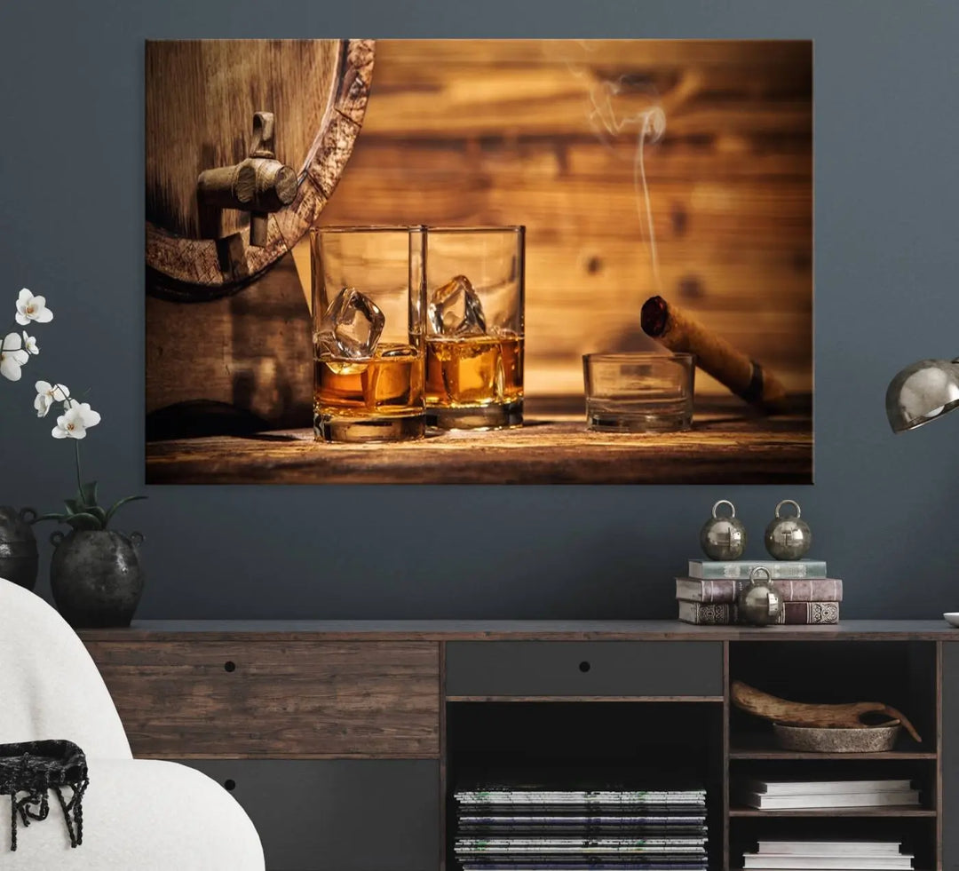 The Rustic Whiskey and Barrel Canvas Print is displayed in the kitchen.