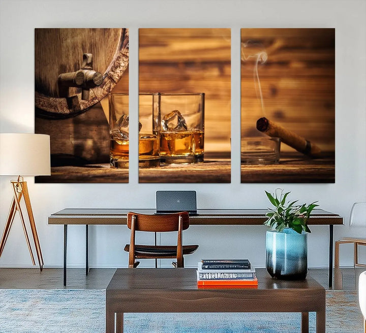 The Rustic Whiskey and Barrel Canvas Print is displayed in the kitchen.