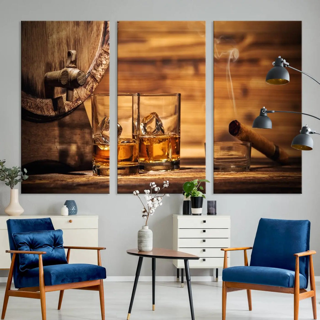 The Rustic Whiskey and Barrel Canvas Print is displayed in the kitchen.