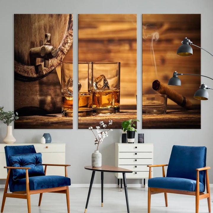 The Rustic Whiskey and Barrel Canvas Print is displayed in the kitchen.