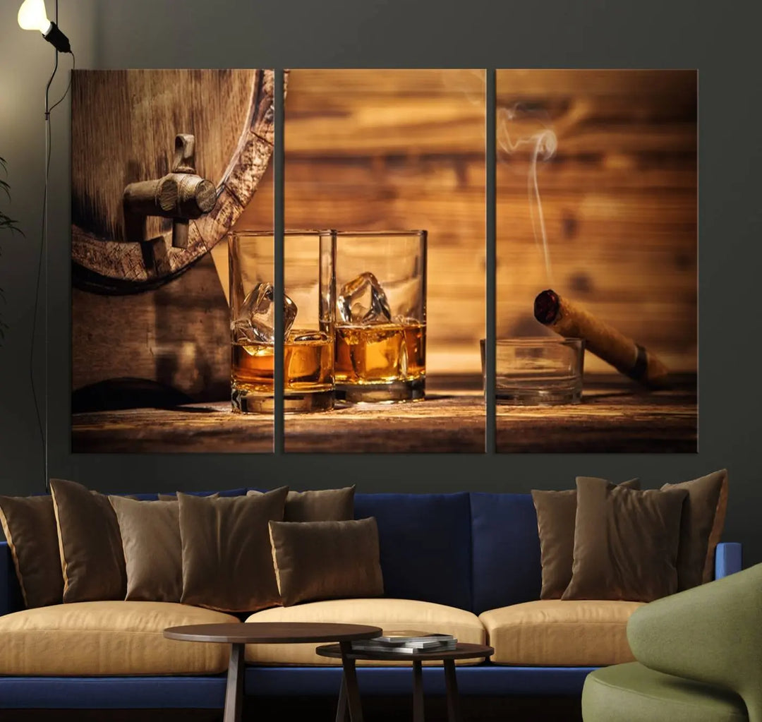 The Rustic Whiskey and Barrel Canvas Print is displayed in the kitchen.