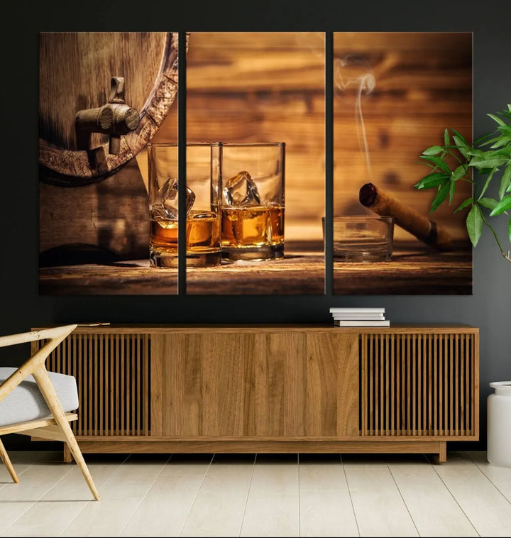 The Rustic Whiskey and Barrel Canvas Print is displayed in the kitchen.