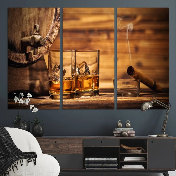 The Rustic Whiskey and Barrel Canvas Print is displayed in the kitchen.