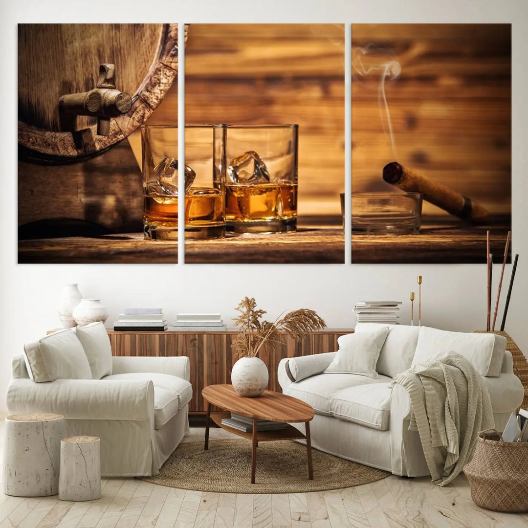 The Rustic Whiskey and Barrel Canvas Print is displayed in the kitchen.