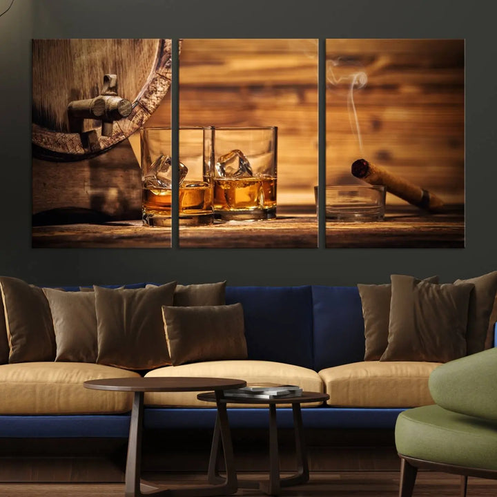 The Rustic Whiskey and Barrel Canvas Print is displayed in the kitchen.