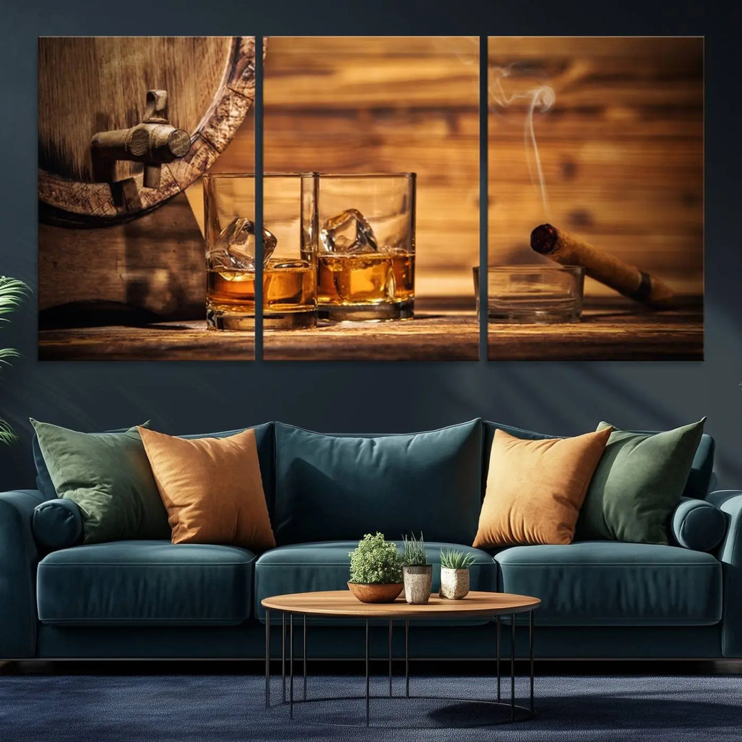 The Rustic Whiskey and Barrel Canvas Print is displayed in the kitchen.