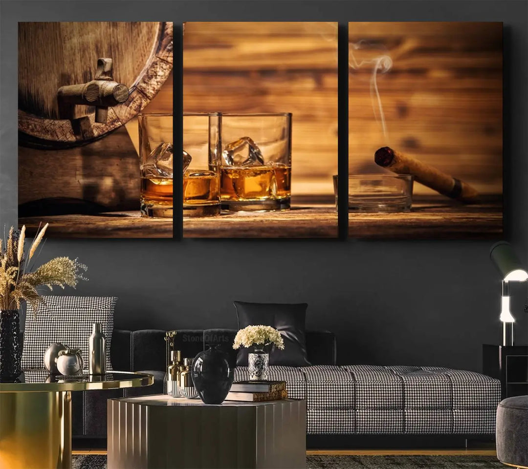 The Rustic Whiskey and Barrel Canvas Print is displayed in the kitchen.