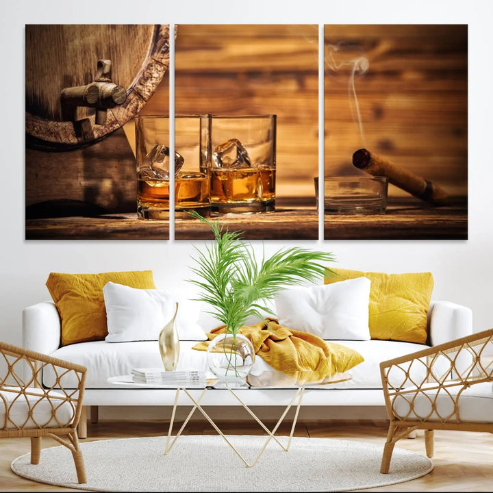 The Rustic Whiskey and Barrel Canvas Print is displayed in the kitchen.