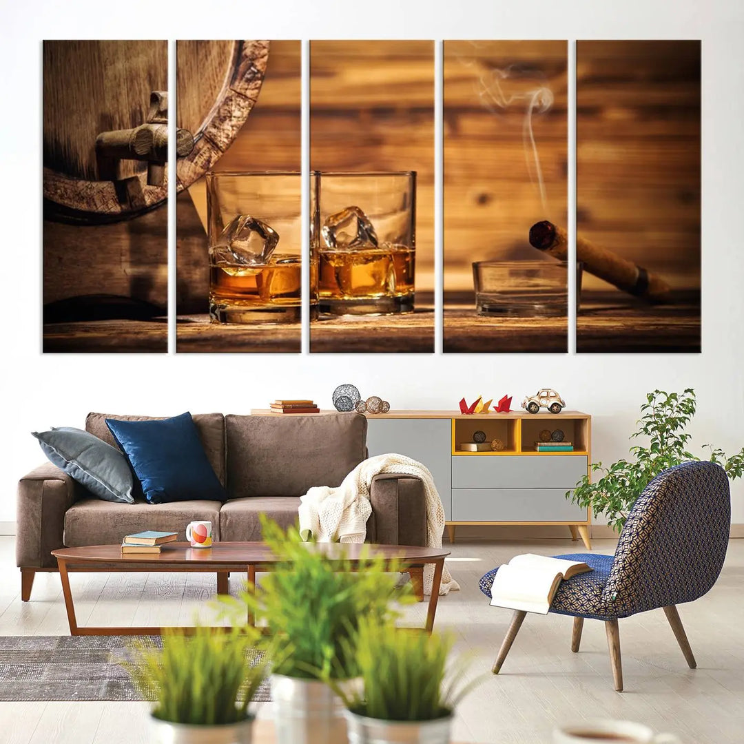 The Rustic Whiskey and Barrel Canvas Print is displayed in the kitchen.