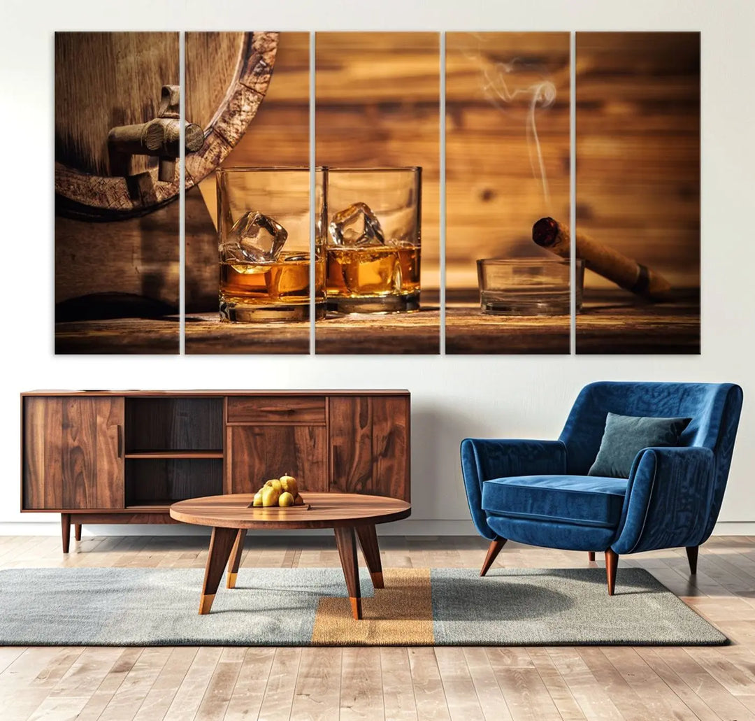 The Rustic Whiskey and Barrel Canvas Print is displayed in the kitchen.