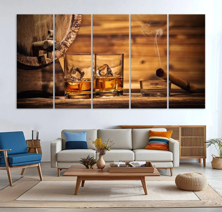 The Rustic Whiskey and Barrel Canvas Print is displayed in the kitchen.