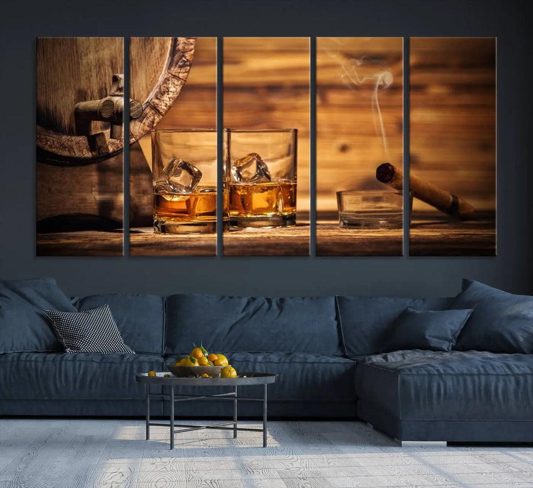 The Rustic Whiskey and Barrel Canvas Print is displayed in the kitchen.