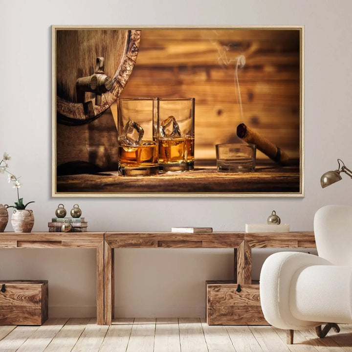 The Rustic Whiskey and Barrel Canvas Print is displayed in the kitchen.