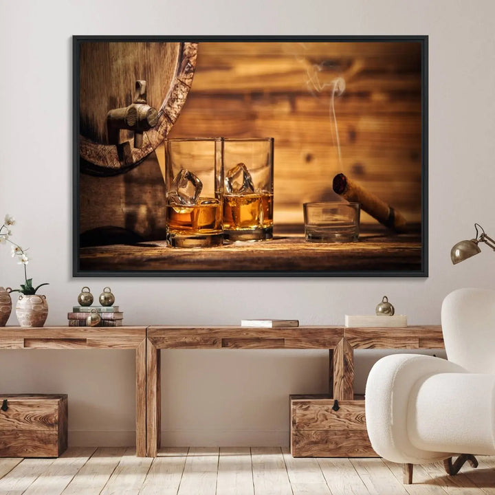 The Rustic Whiskey and Barrel Canvas Print is displayed in the kitchen.