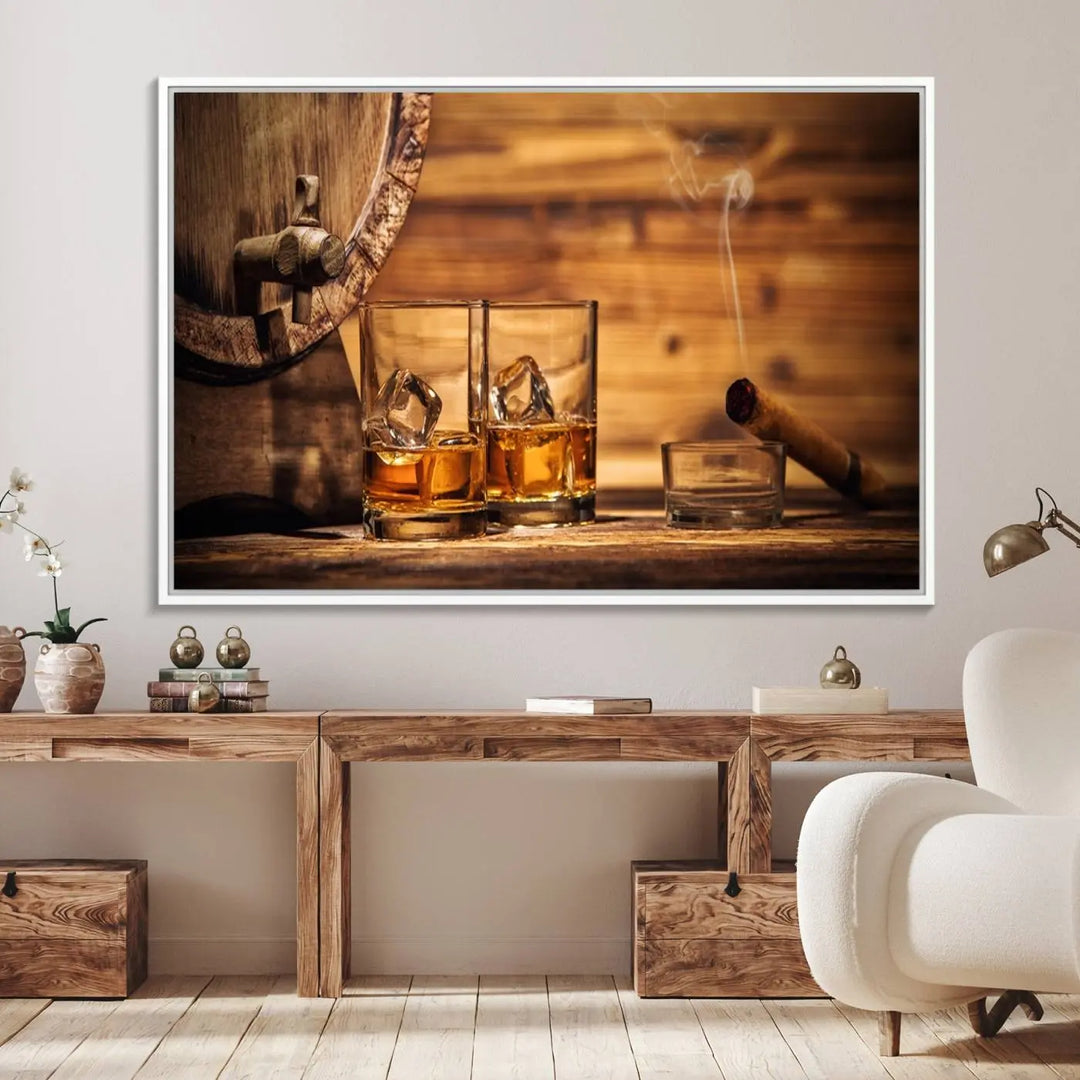 The Rustic Whiskey and Barrel Canvas Print is displayed in the kitchen.