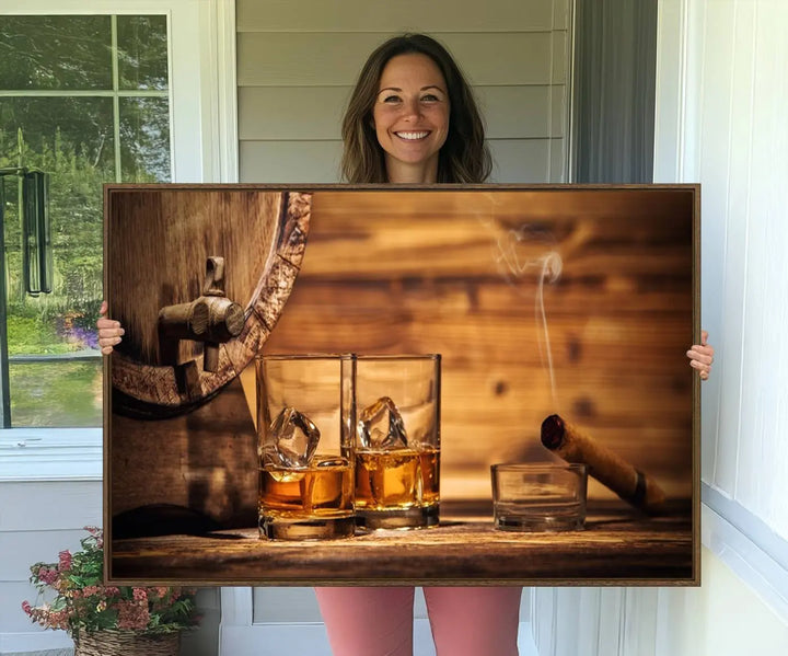 The Rustic Whiskey and Barrel Canvas Print is displayed in the kitchen.