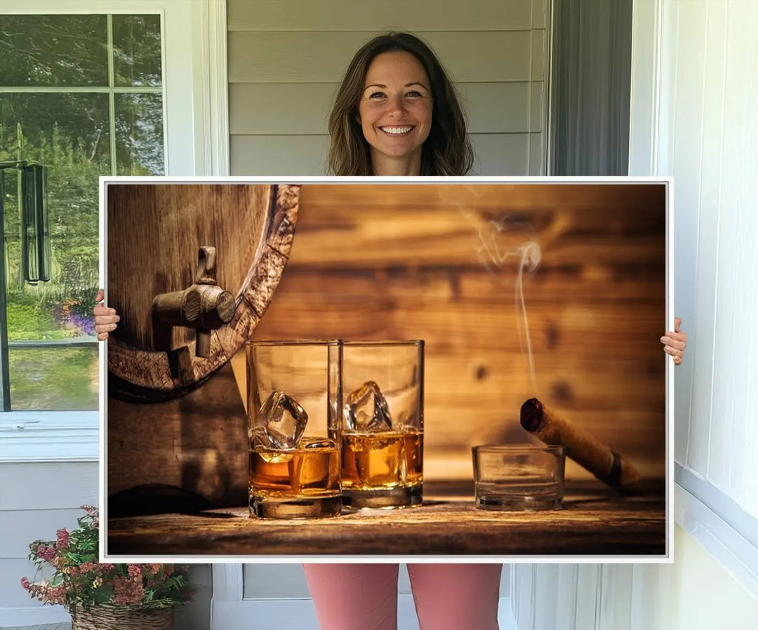 The Rustic Whiskey and Barrel Canvas Print is displayed in the kitchen.