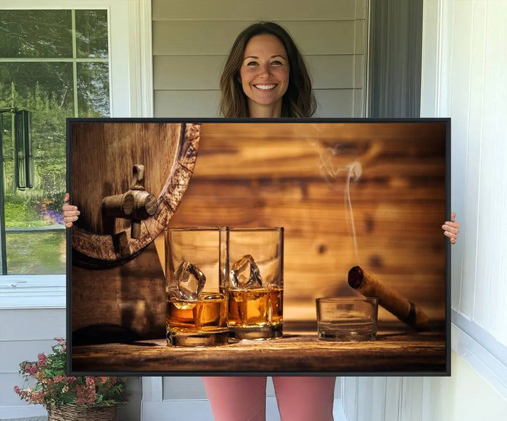 The Rustic Whiskey and Barrel Canvas Print is displayed in the kitchen.