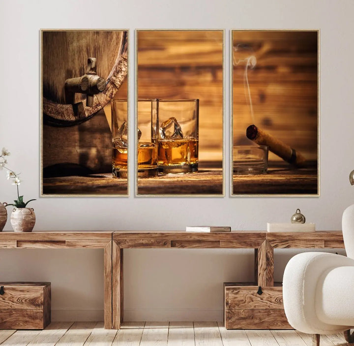 The Rustic Whiskey and Barrel Canvas Print is displayed in the kitchen.