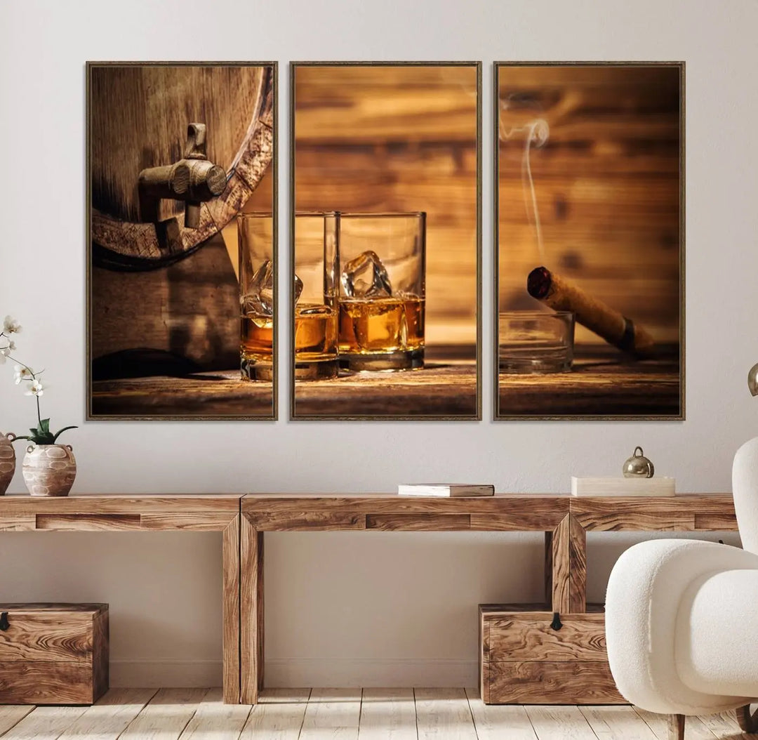 The Rustic Whiskey and Barrel Canvas Print is displayed in the kitchen.