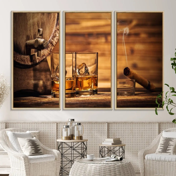 The Rustic Whiskey and Barrel Canvas Print is displayed in the kitchen.