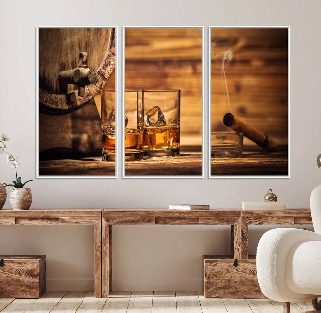 The Rustic Whiskey and Barrel Canvas Print is displayed in the kitchen.