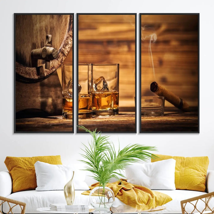 The Rustic Whiskey and Barrel Canvas Print is displayed in the kitchen.