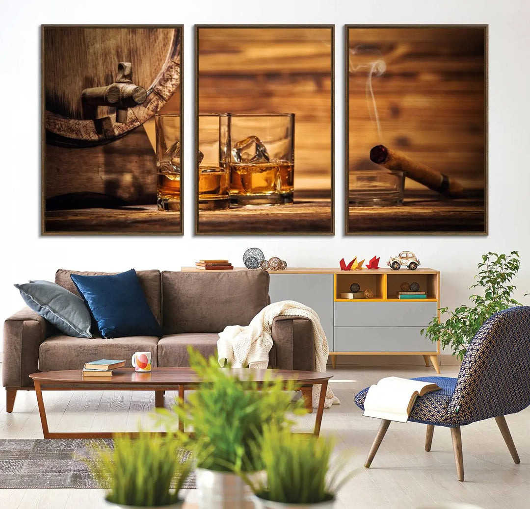 The Rustic Whiskey and Barrel Canvas Print is displayed in the kitchen.