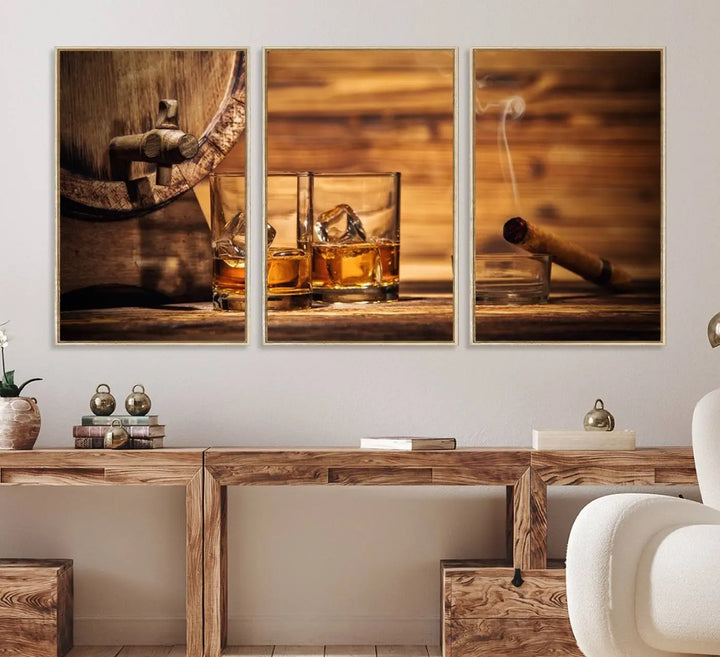 The Rustic Whiskey and Barrel Canvas Print is displayed in the kitchen.