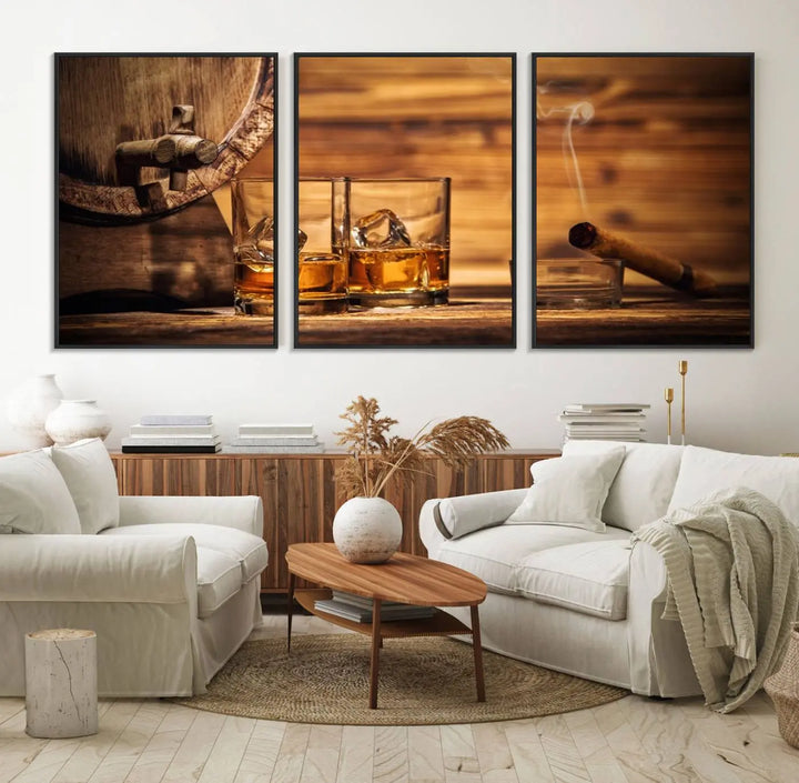 The Rustic Whiskey and Barrel Canvas Print is displayed in the kitchen.