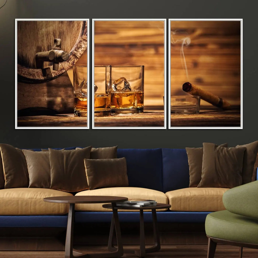 The Rustic Whiskey and Barrel Canvas Print is displayed in the kitchen.