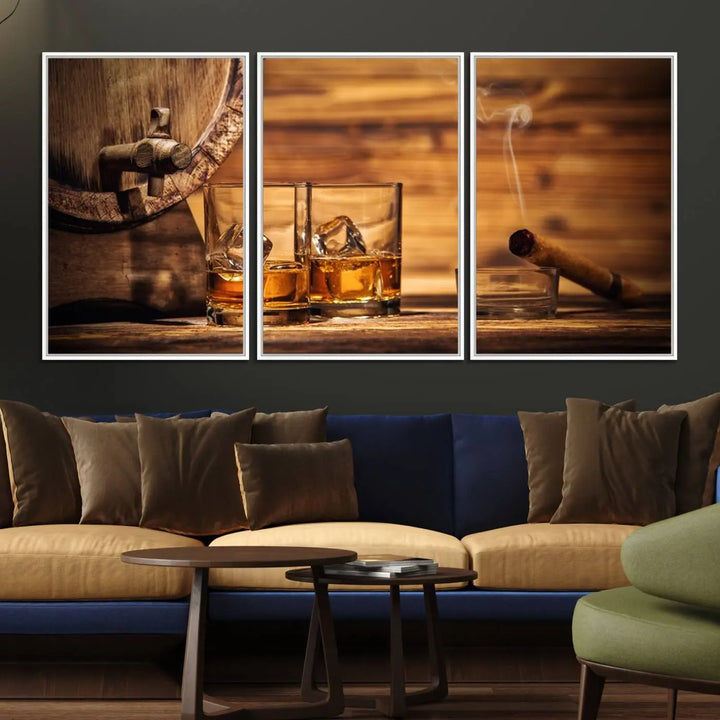 The Rustic Whiskey and Barrel Canvas Print is displayed in the kitchen.