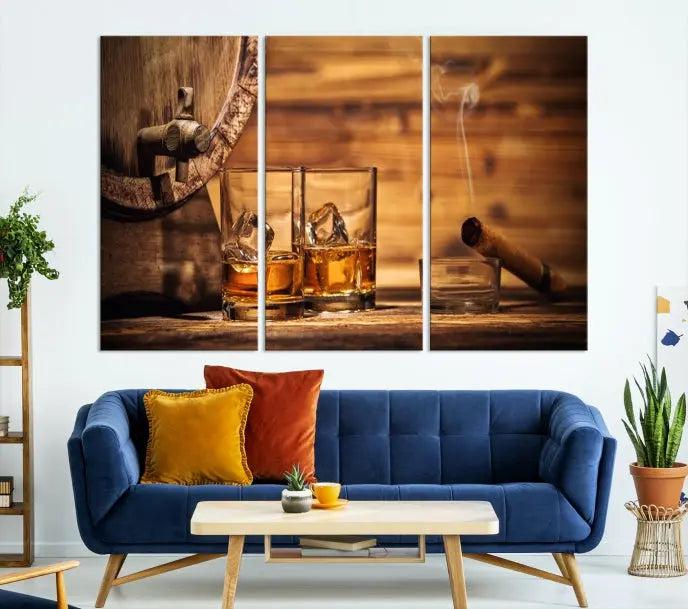 The living room showcases the striking "Rustic Whiskey and Barrel" canvas print, elegantly displayed on museum-quality canvas.