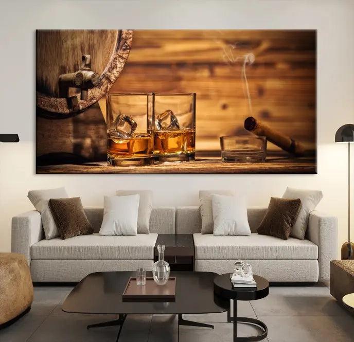 The living room showcases the striking "Rustic Whiskey and Barrel" canvas print, elegantly displayed on museum-quality canvas.