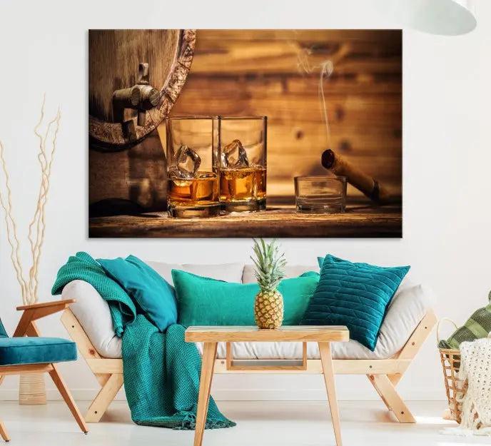 The living room showcases the striking "Rustic Whiskey and Barrel" canvas print, elegantly displayed on museum-quality canvas.