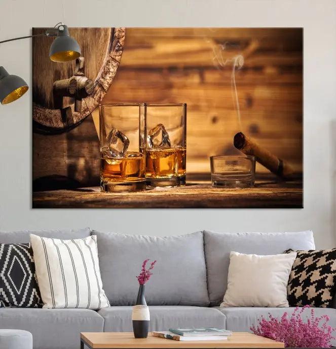 The living room showcases the striking "Rustic Whiskey and Barrel" canvas print, elegantly displayed on museum-quality canvas.