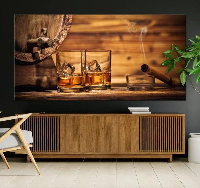 The living room showcases the striking "Rustic Whiskey and Barrel" canvas print, elegantly displayed on museum-quality canvas.