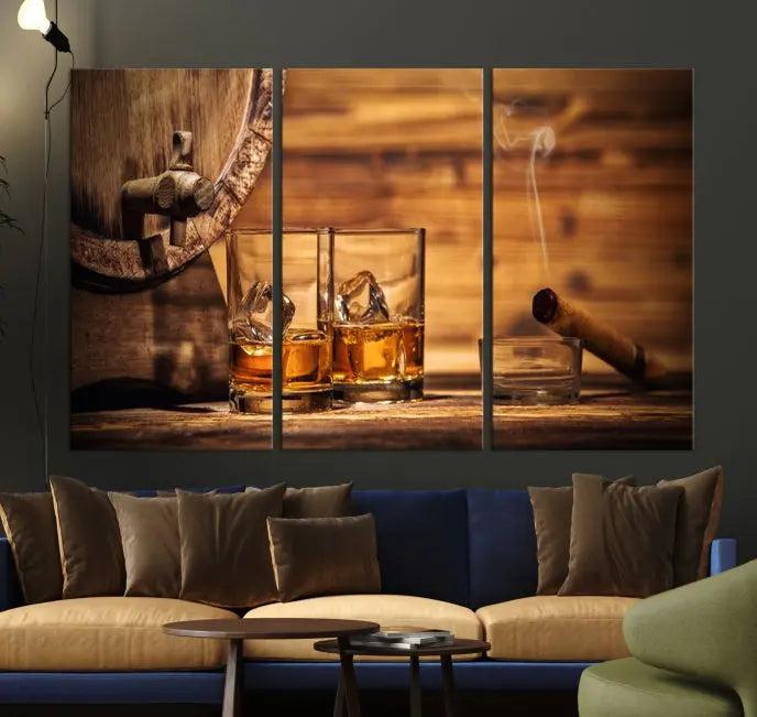 The living room showcases the striking "Rustic Whiskey and Barrel" canvas print, elegantly displayed on museum-quality canvas.