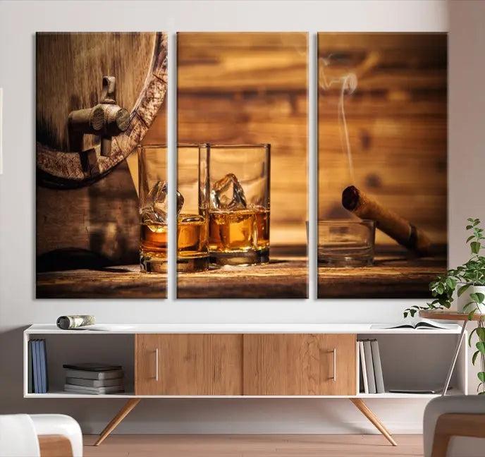 The living room showcases the striking "Rustic Whiskey and Barrel" canvas print, elegantly displayed on museum-quality canvas.