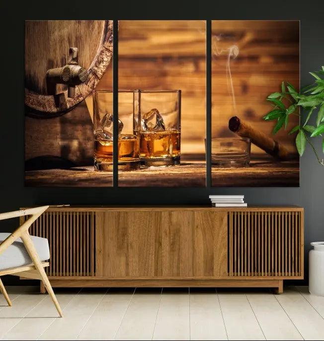 The living room showcases the striking "Rustic Whiskey and Barrel" canvas print, elegantly displayed on museum-quality canvas.