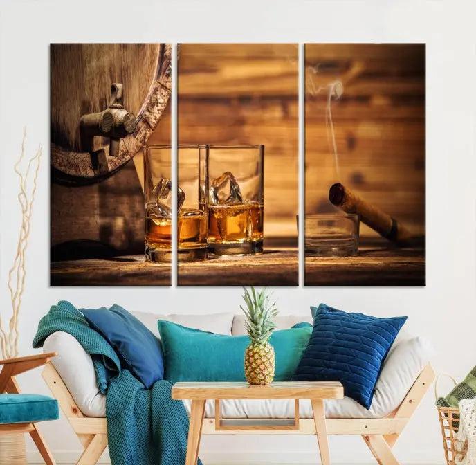 The living room showcases the striking "Rustic Whiskey and Barrel" canvas print, elegantly displayed on museum-quality canvas.