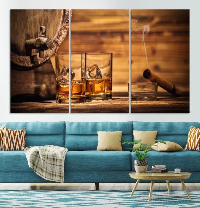 The living room showcases the striking "Rustic Whiskey and Barrel" canvas print, elegantly displayed on museum-quality canvas.