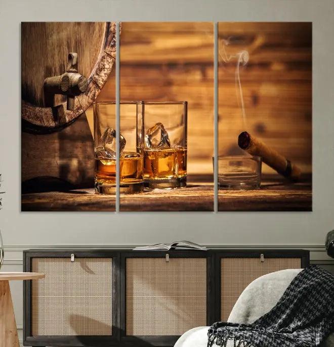 The living room showcases the striking "Rustic Whiskey and Barrel" canvas print, elegantly displayed on museum-quality canvas.