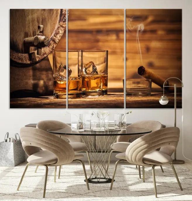 The living room showcases the striking "Rustic Whiskey and Barrel" canvas print, elegantly displayed on museum-quality canvas.