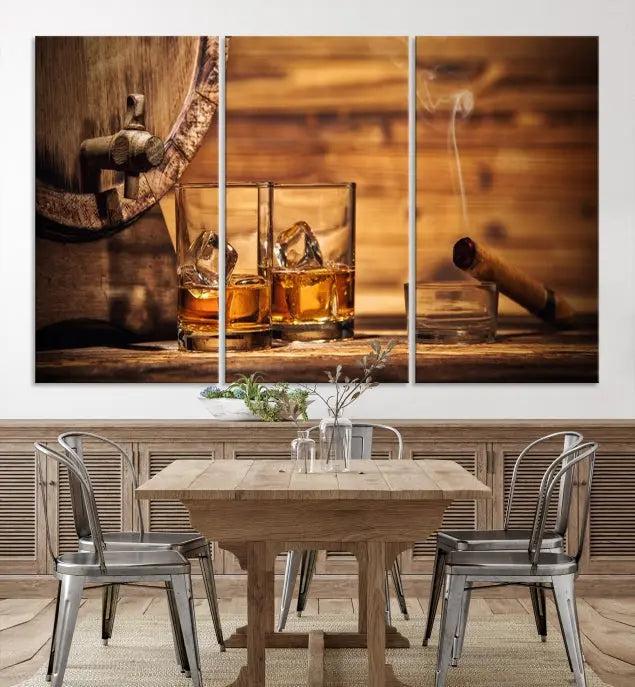 The living room showcases the striking "Rustic Whiskey and Barrel" canvas print, elegantly displayed on museum-quality canvas.