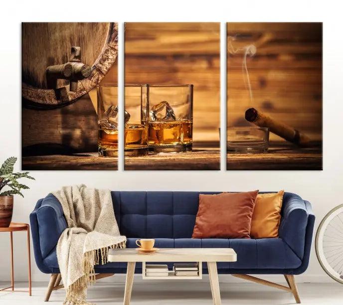 The living room showcases the striking "Rustic Whiskey and Barrel" canvas print, elegantly displayed on museum-quality canvas.