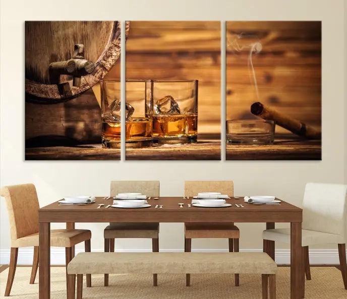 The living room showcases the striking "Rustic Whiskey and Barrel" canvas print, elegantly displayed on museum-quality canvas.