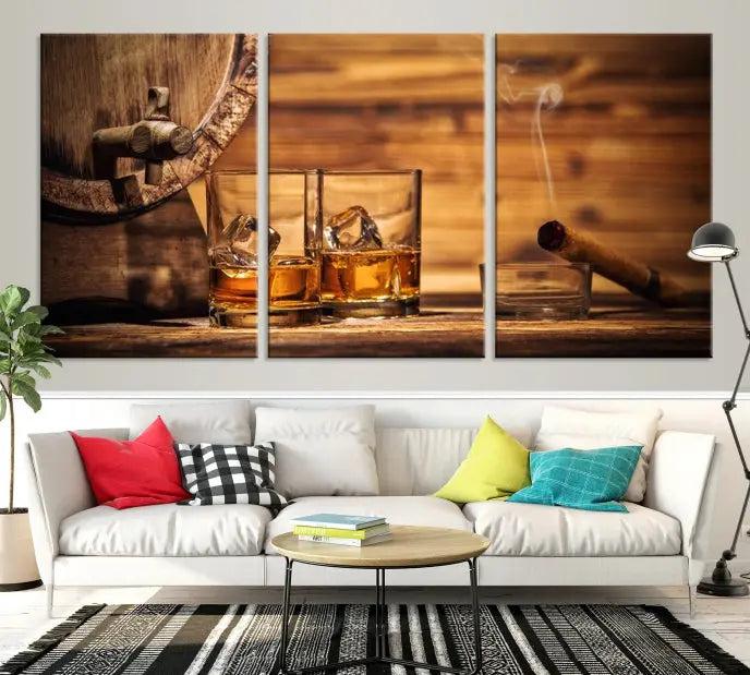 The living room showcases the striking "Rustic Whiskey and Barrel" canvas print, elegantly displayed on museum-quality canvas.