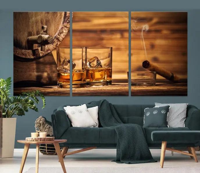 The living room showcases the striking "Rustic Whiskey and Barrel" canvas print, elegantly displayed on museum-quality canvas.